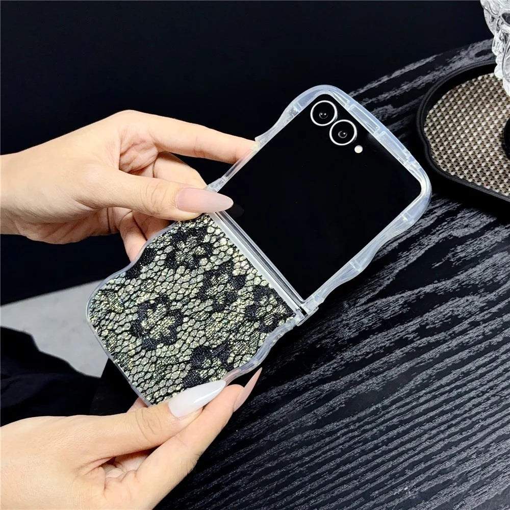 For Samsung Galaxy Z Flip7 5G Magnetic Case Wavy Edge Lace Pattern TPU Phone Cover - Black - 3
