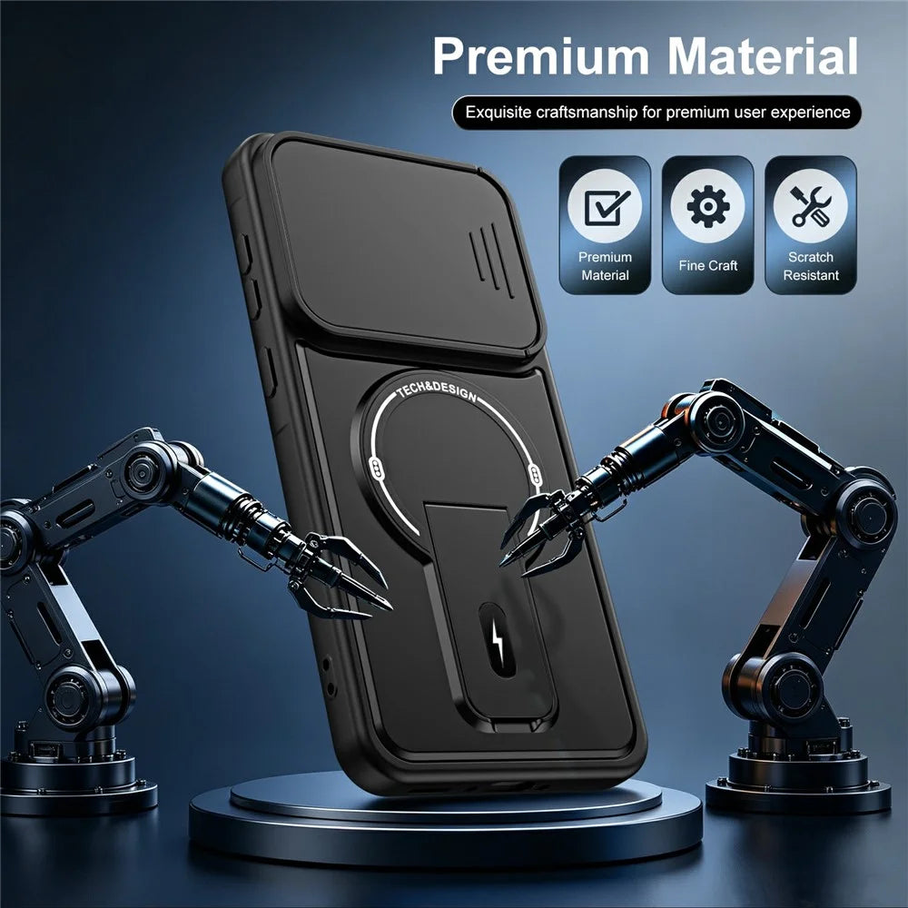 For Samsung Galaxy A37 5G Case with Slide Camera Cover Kickstand Shockproof PC + TPU Matte Finish Phone Shell - Black - 3