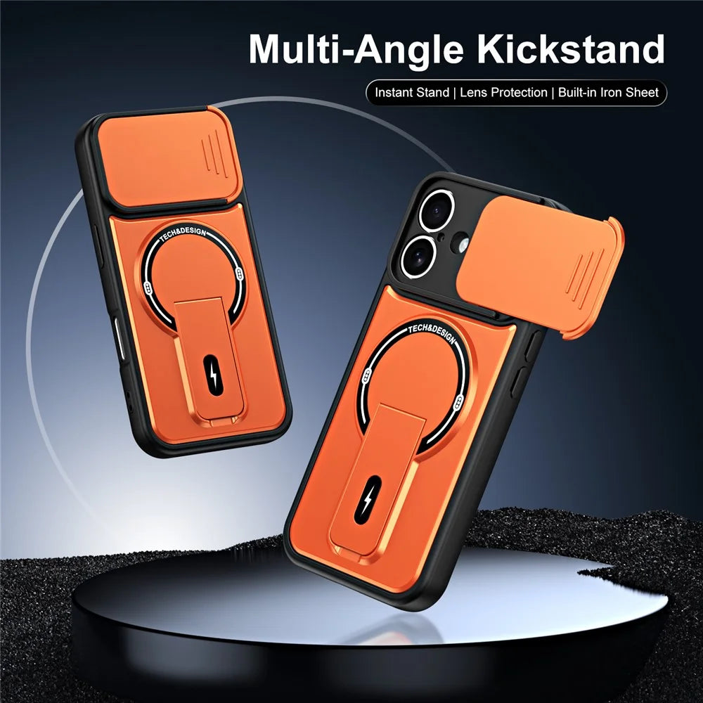 For iPhone 16 Case with Slide Camera Cover Kickstand Shockproof PC + TPU Matte Finish Phone Shell - Orange - 2
