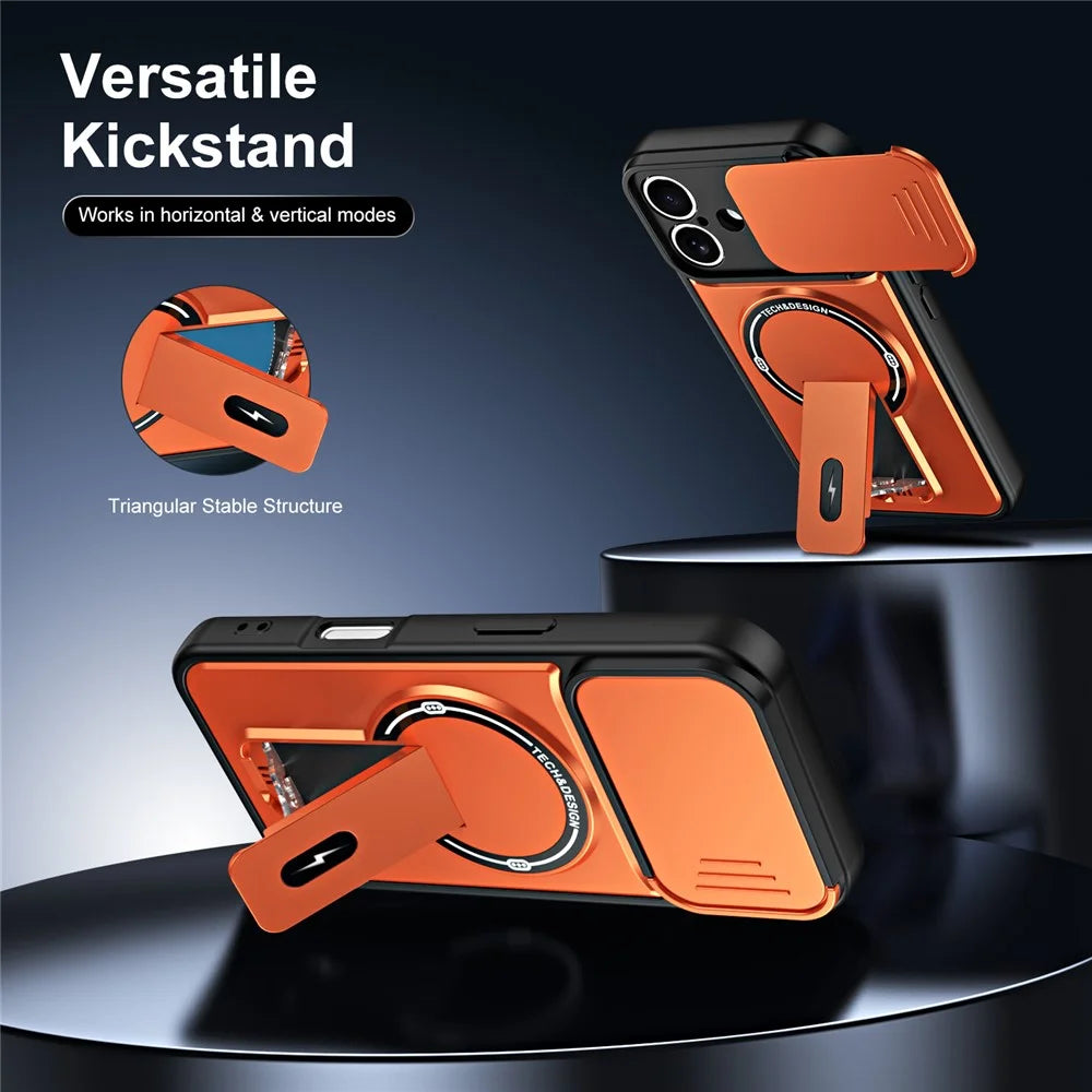 For iPhone 16 Case with Slide Camera Cover Kickstand Shockproof PC + TPU Matte Finish Phone Shell - Orange - 4