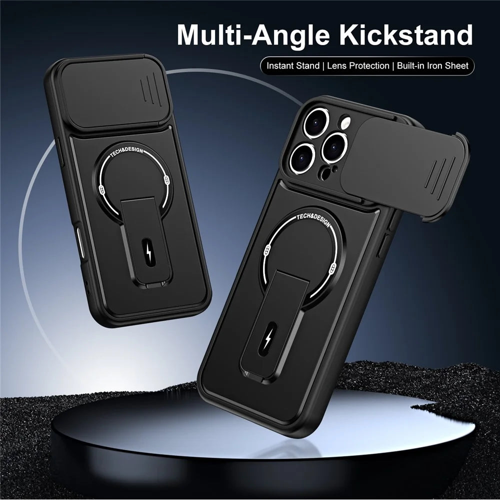 For iPhone 16 Pro Max Case with Slide Camera Cover Kickstand Shockproof PC + TPU Matte Finish Phone Shell - Black - 2