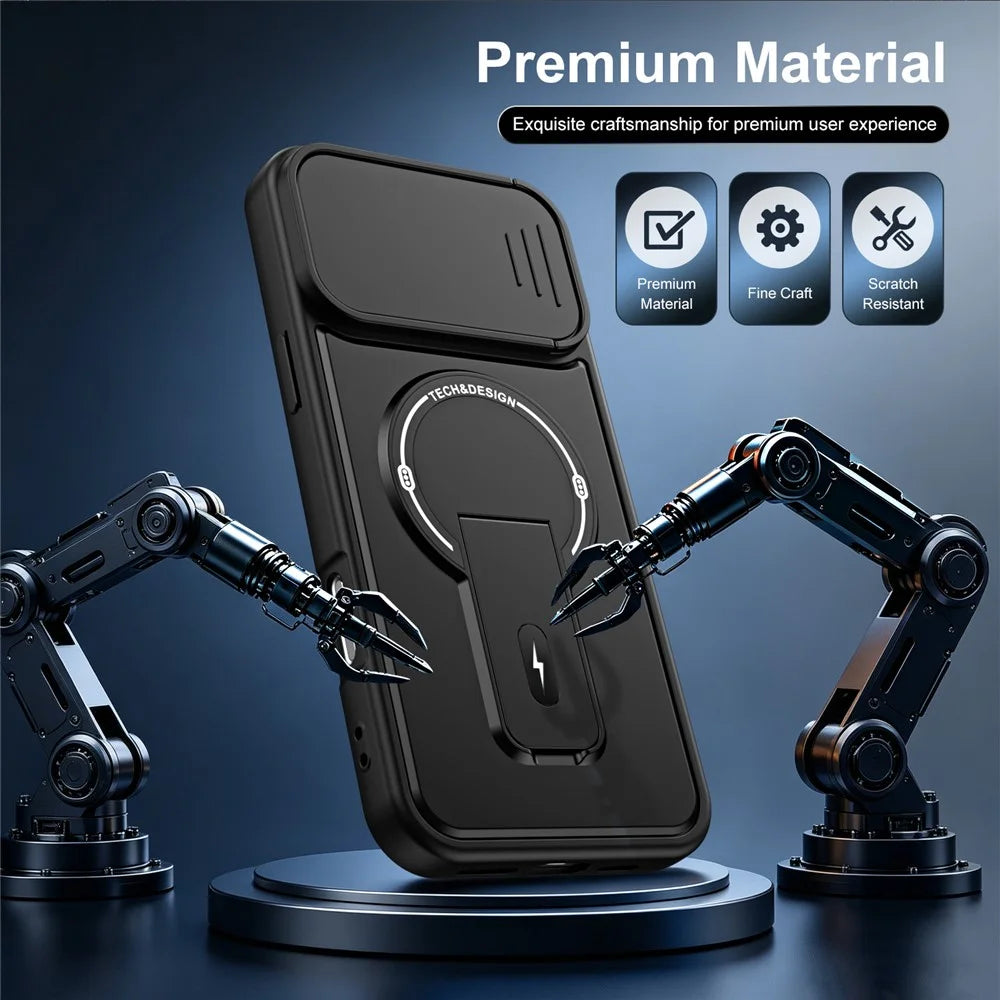 For iPhone 16 Pro Max Case with Slide Camera Cover Kickstand Shockproof PC + TPU Matte Finish Phone Shell - Black - 3
