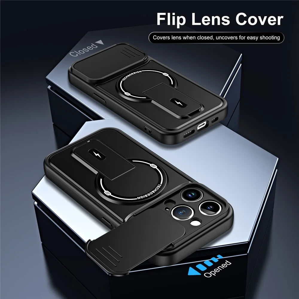 For iPhone 13 Pro Max Case with Slide Camera Cover Kickstand Shockproof PC + TPU Matte Finish Phone Shell - Black - 5