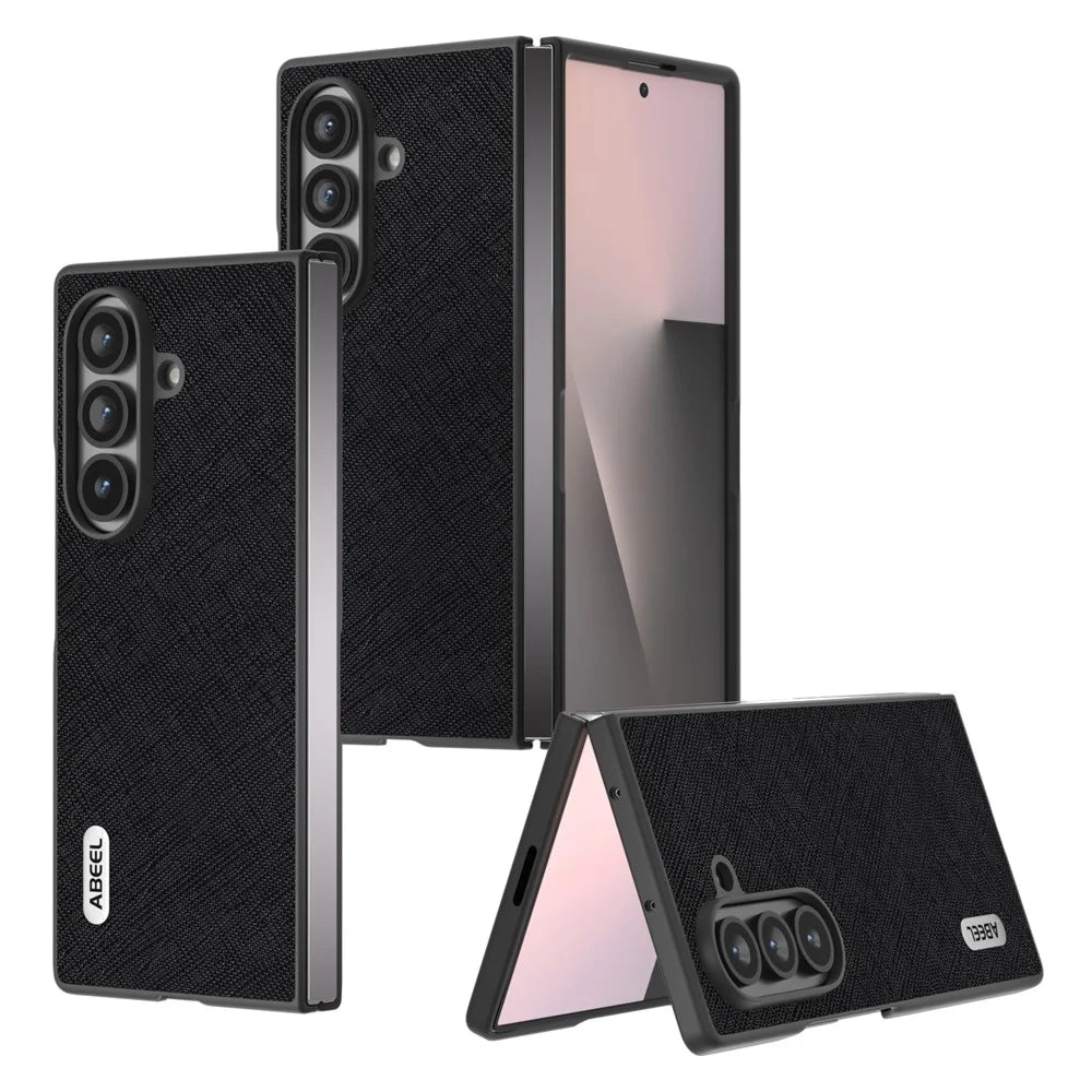 ABEEL For Samsung Galaxy Z Fold8 Ultra Case Cross Texture Genuine Cow Leather + PC Phone Back Cover - Black - 5