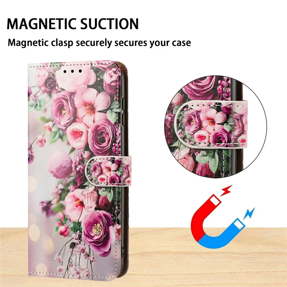 For Samsung Galaxy S26 Case Pattern Printed Wallet Flip Stand PU Leather Phone Cover with Wrist Strap - Bouquet - 7