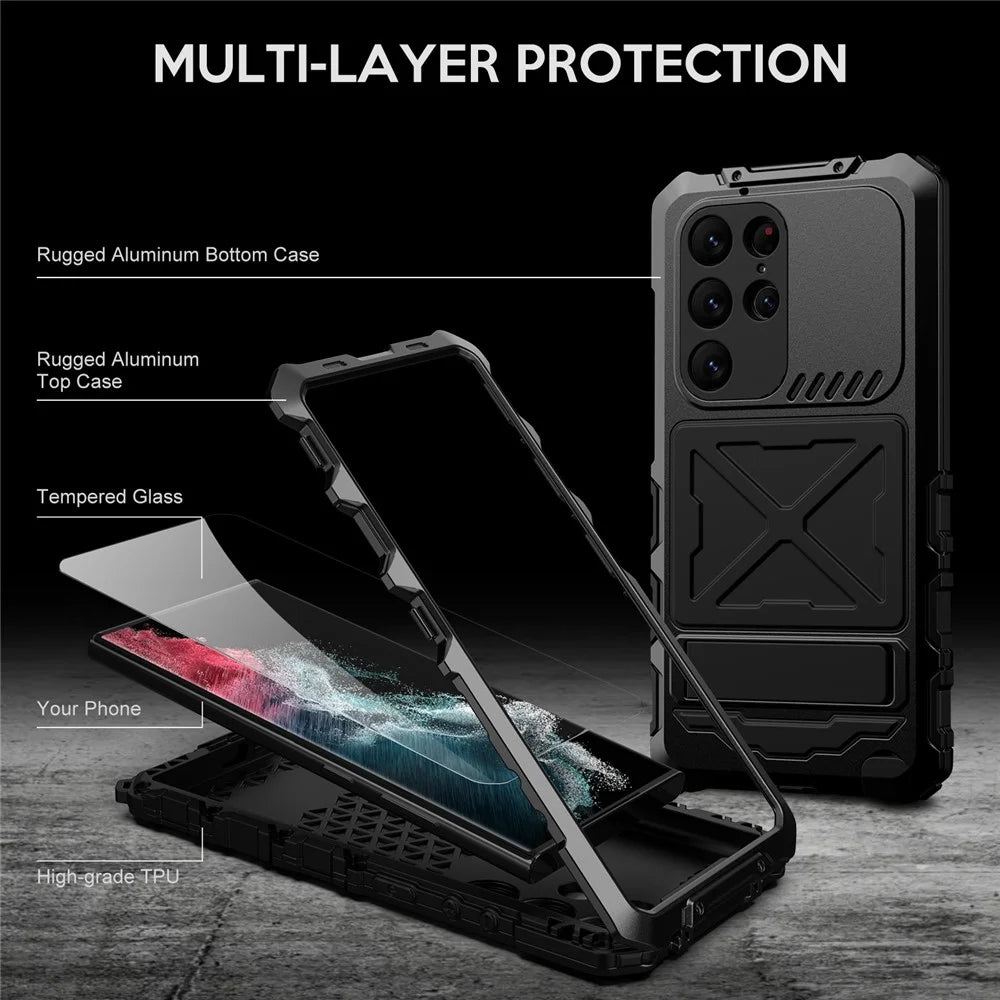 R-JUST For Samsung Galaxy S23 Ultra Phone Case Silicone + Metal Shockproof Dust-Proof Cover with Tempered Glass Film - Black - 3