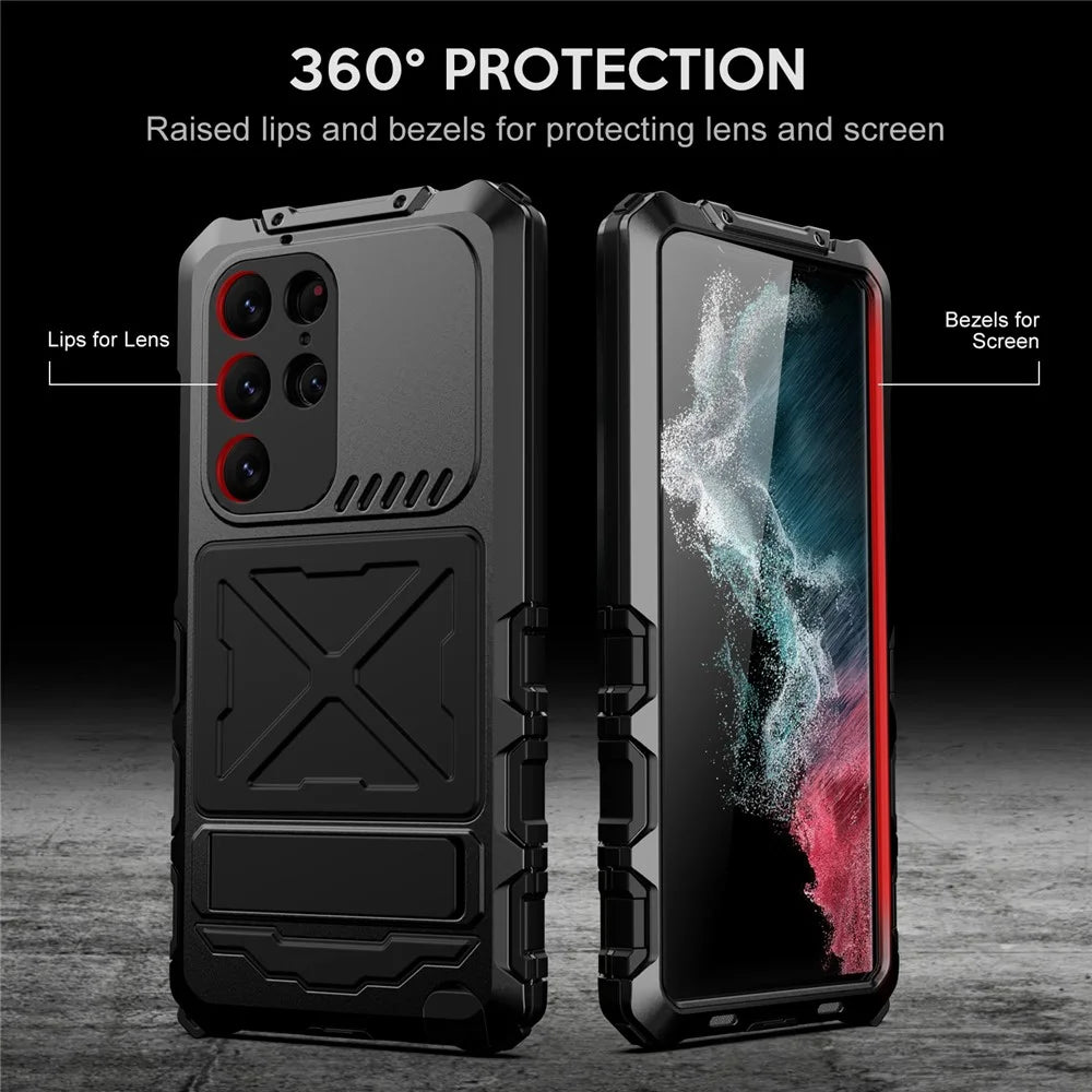 R-JUST For Samsung Galaxy S23 Ultra Phone Case Silicone + Metal Shockproof Dust-Proof Cover with Tempered Glass Film - Black - 4