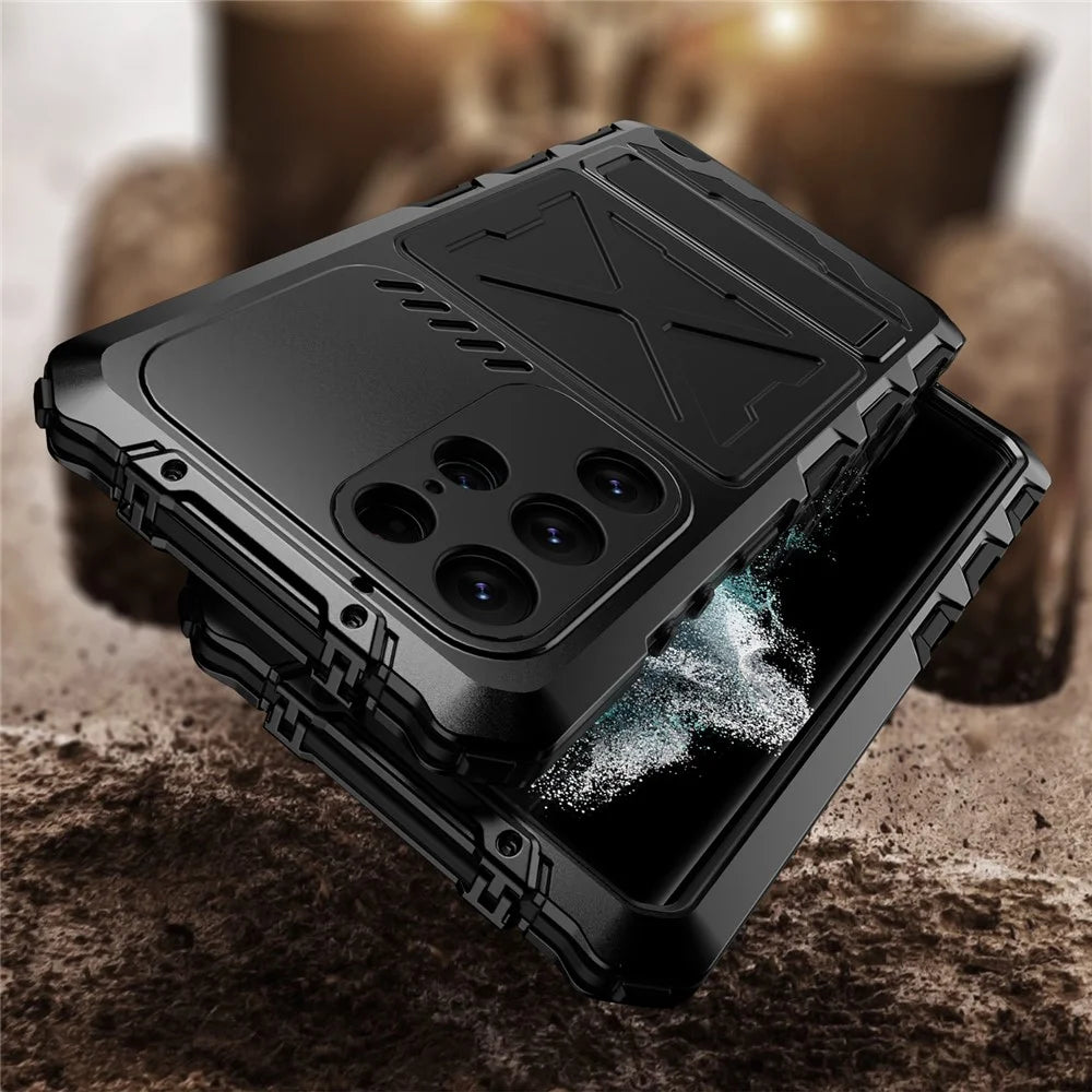 R-JUST For Samsung Galaxy S23 Ultra Phone Case Silicone + Metal Shockproof Dust-Proof Cover with Tempered Glass Film - Black - 6