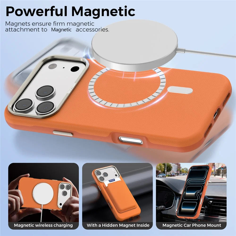 For iPhone 18 Pro Max Case Compatible with MagSafe Fine Grid Texture Leather Coated TPU PC Phone Cover with Metal Lens Frame - Orange - 4