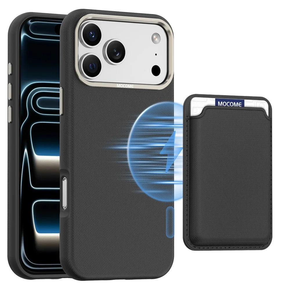 For iPhone 18 Pro Max Case Compatible with MagSafe Fine Grid Texture Leather Back Phone Cover with Detachable Card Holder - Black - 1