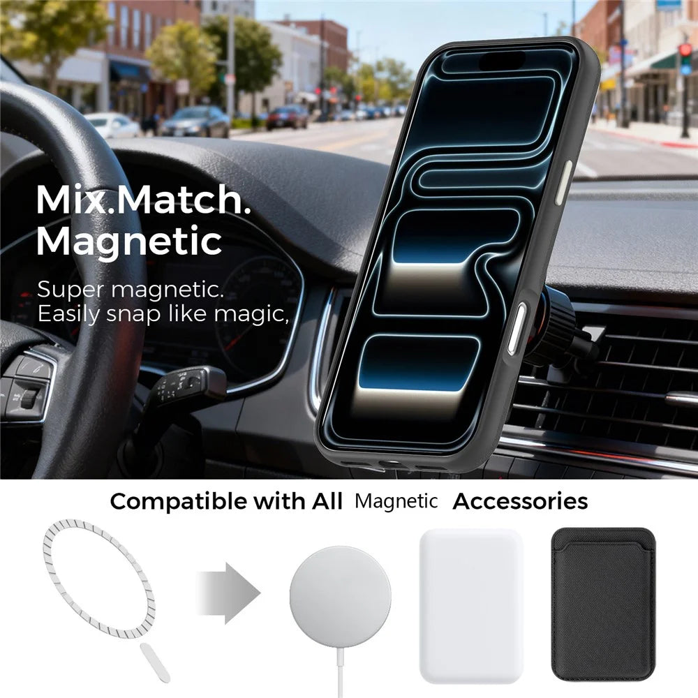 For iPhone 18 Pro Max Case Compatible with MagSafe Fine Grid Texture Leather Back Phone Cover with Detachable Card Holder - Black - 2