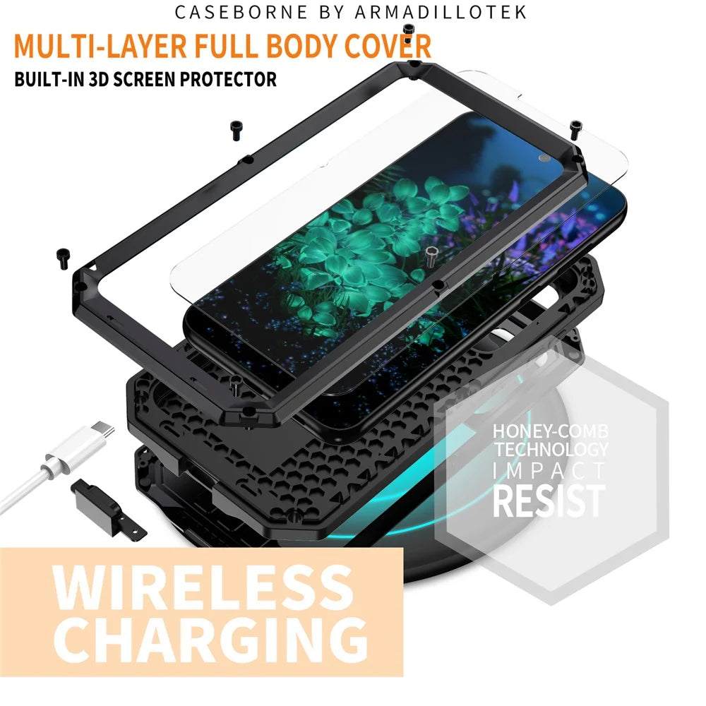 R-JUST For Samsung Galaxy S23+ Slide Camera Lid PC+Silicone+Metal Phone Case Kickstand Drop-proof Cover with Tempered Glass Screen Protector - Black - 4