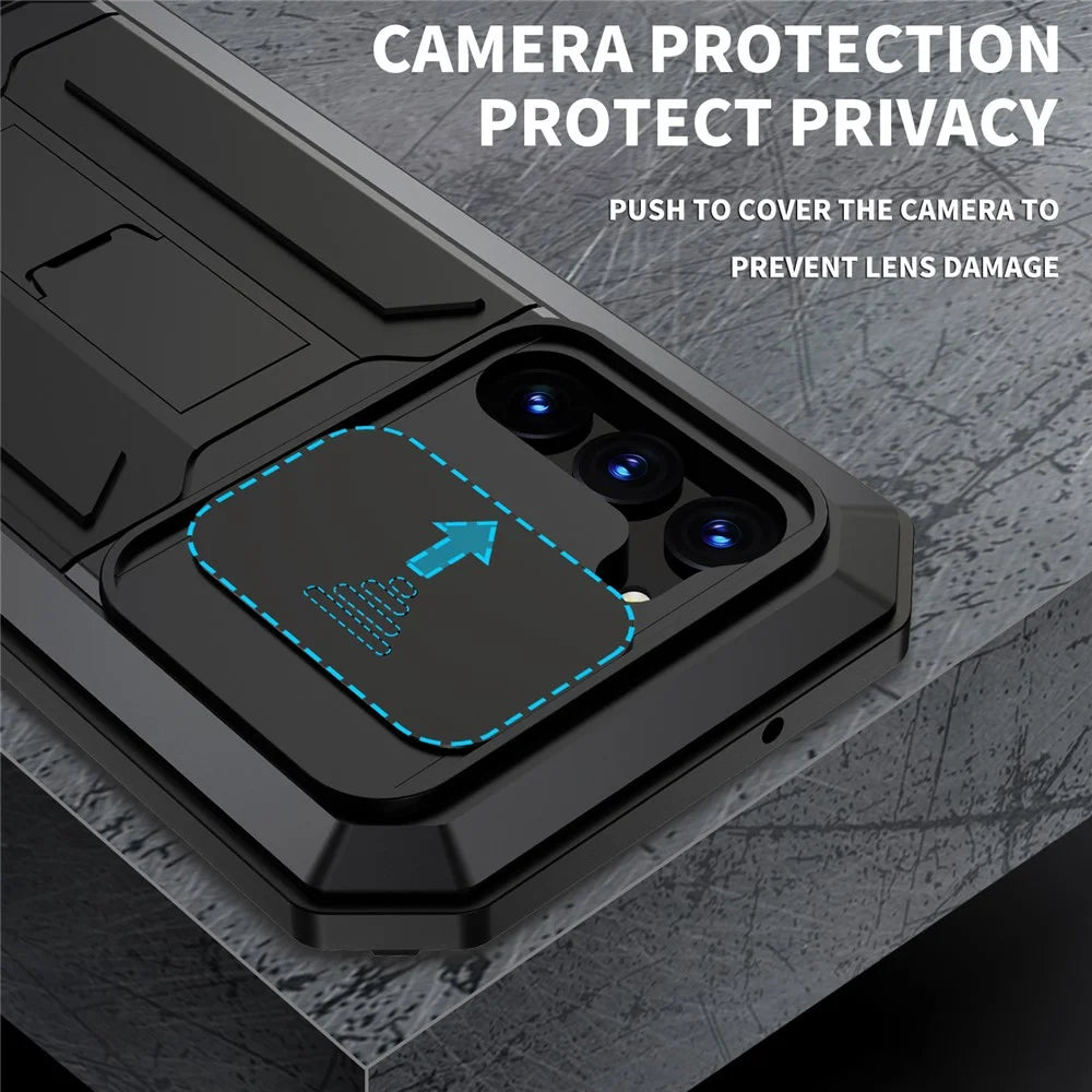 R-JUST For Samsung Galaxy S23 PC+Silicone+Metal Phone Back Case Slide Camera Lid Design Drop-proof Kickstand Cover with Tempered Glass Screen Protector - Black - 3