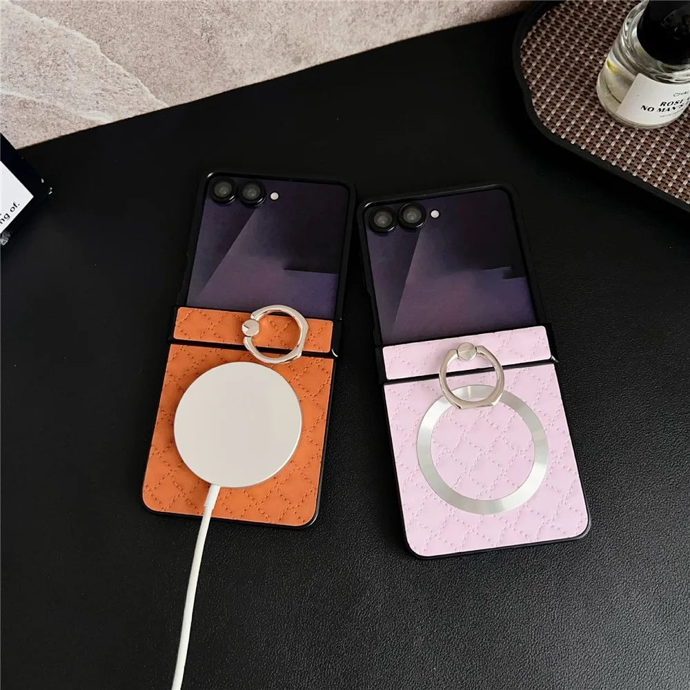 For Samsung Galaxy Z Flip7 5G Magnetic Case Diamond Quilted Leather Back Cover with Ring Holder Kickstand - Brown - 4
