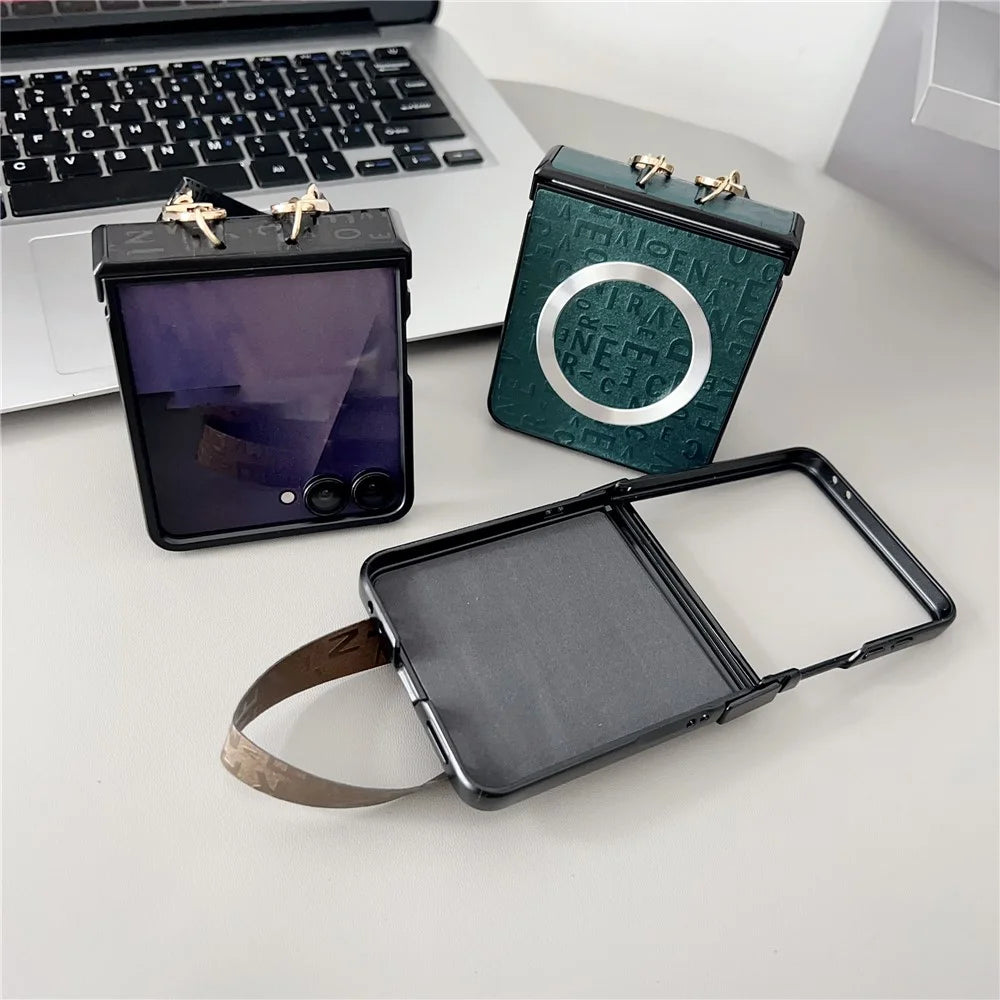 For Samsung Galaxy Z Flip7 5G Magnetic Case Letter Pattern Leather + PC Foldable Phone Cover with Lanyard - Brown - 6