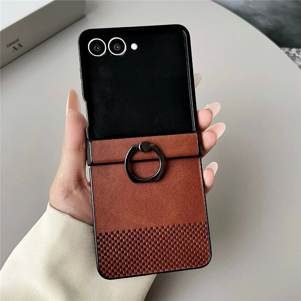 For Samsung Galaxy Z Flip8 Case Plaid Grid Pattern Leather + PC Foldable Phone Cover with Ring Kickstand - Brown - 1