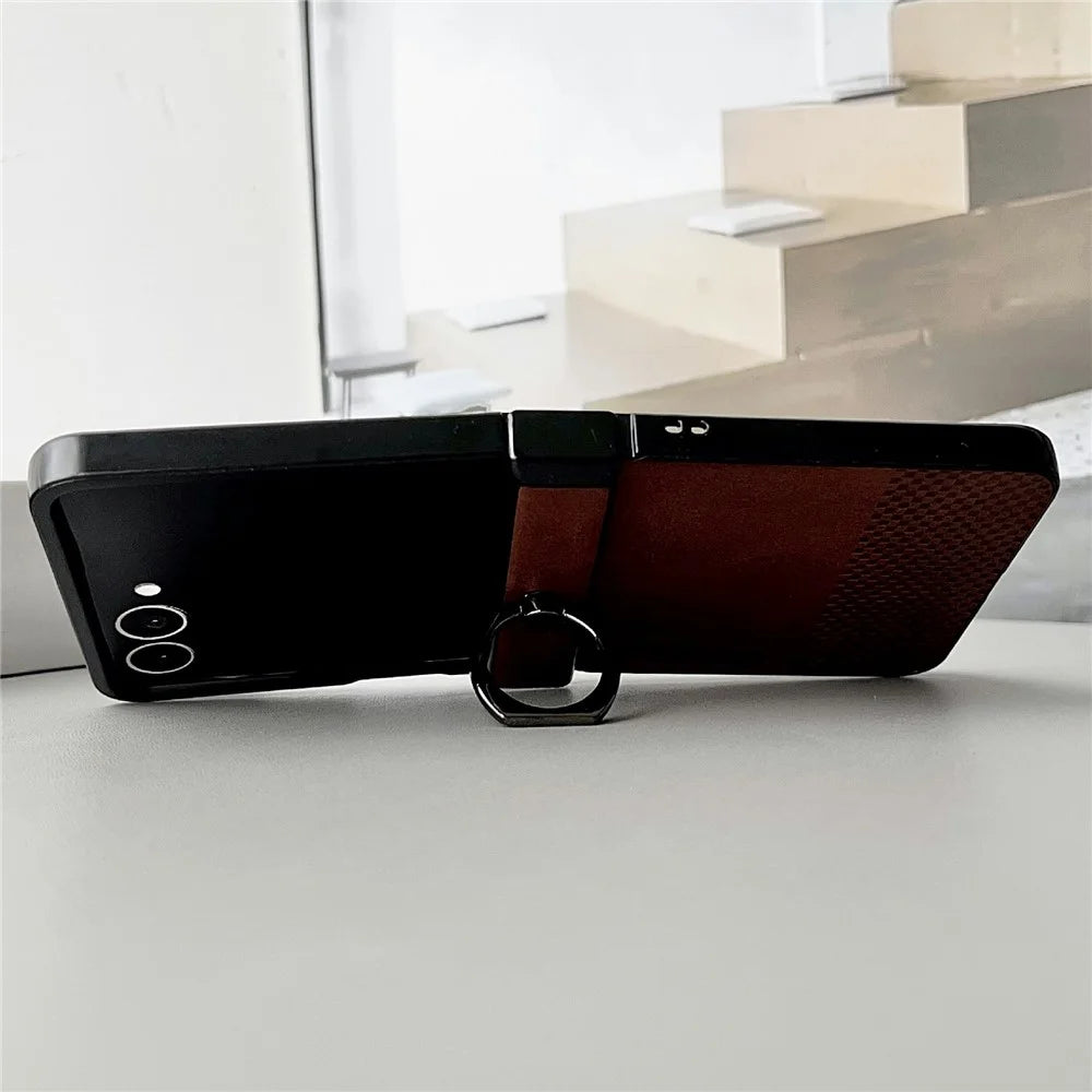 For Samsung Galaxy Z Flip7 5G Case Plaid Grid Pattern Leather + PC Foldable Phone Cover with Ring Kickstand - Brown - 2