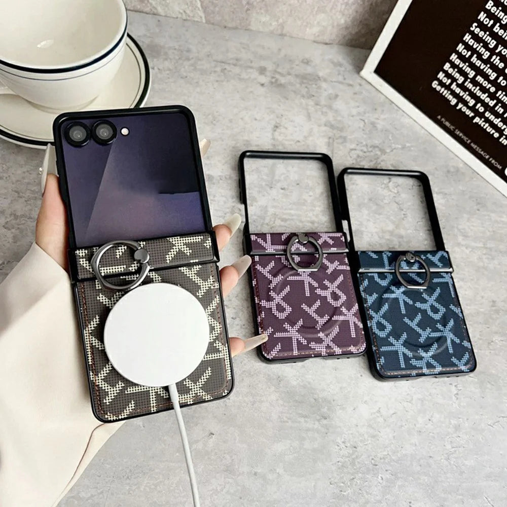 For Samsung Galaxy Z Flip7 5G Magnetic Case Pixelated Letter Pattern Leather + PC Folding Phone Cover with Ring Kickstand - Black - 2