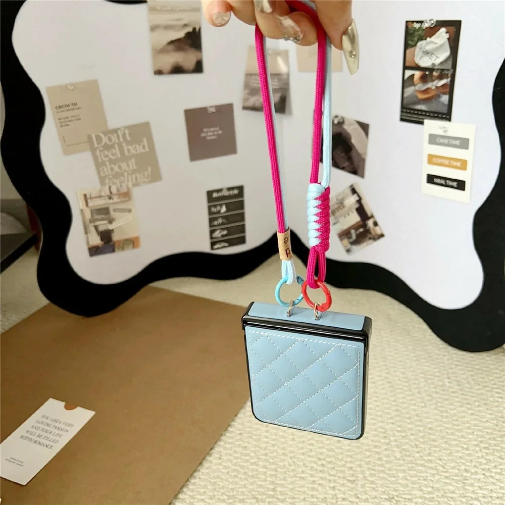For Samsung Galaxy Z Flip7 5G Case Air Cushion V-Pattern Diamond Grid Leather + PC Phone Cover with Lanyard - Black - 5
