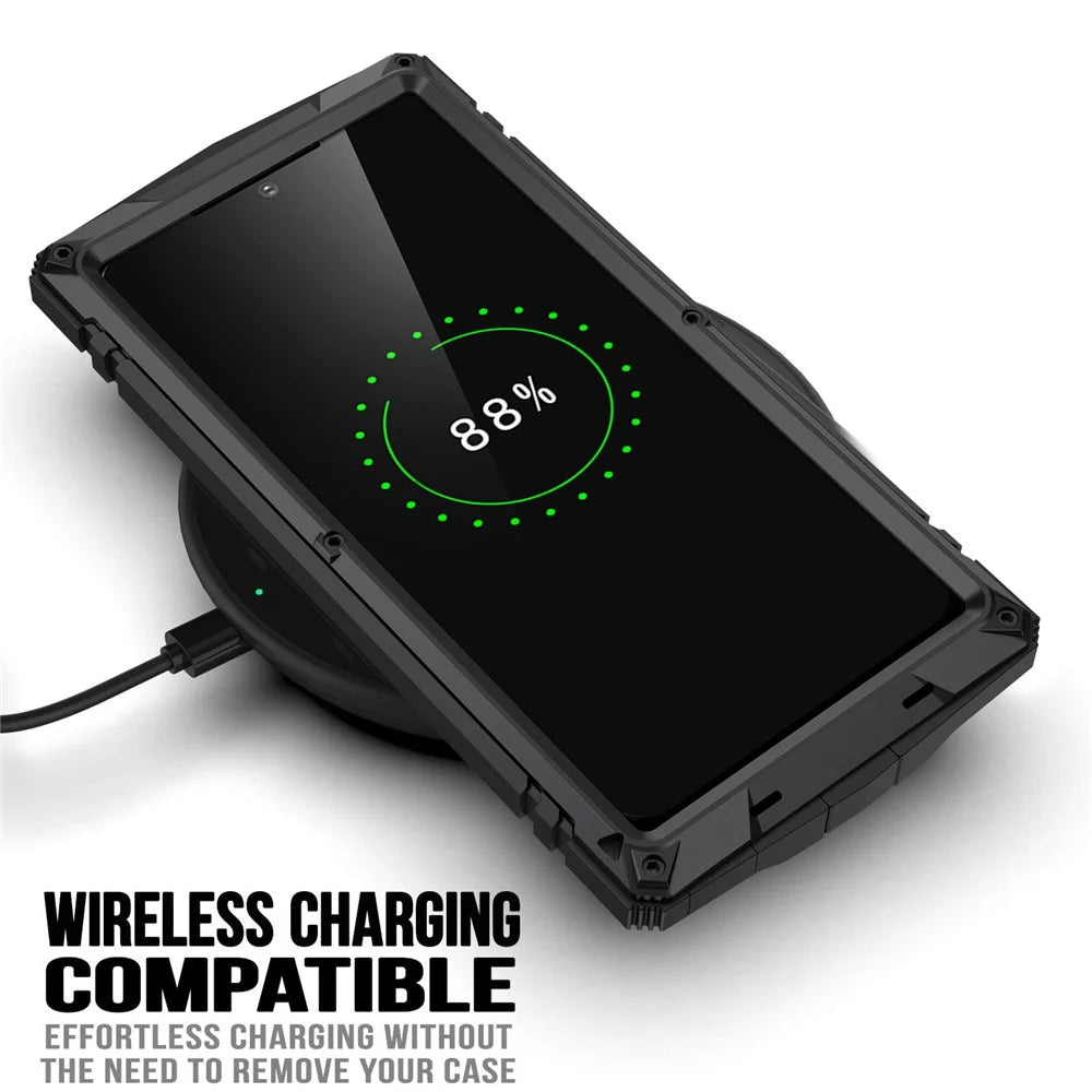 R-JUST For Samsung Galaxy S23 Ultra Waterproof Drop-Proof Case Kickstand Back Cover with Tempered Glass - Black - 3