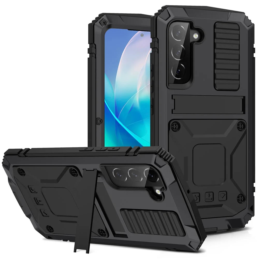 R-JUST For Samsung Galaxy S23 Waterproof Drop-Proof Case Kickstand Back Cover with Tempered Glass - Black - 1