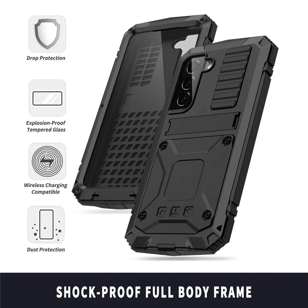 R-JUST For Samsung Galaxy S23 Waterproof Drop-Proof Case Kickstand Back Cover with Tempered Glass - Black - 6