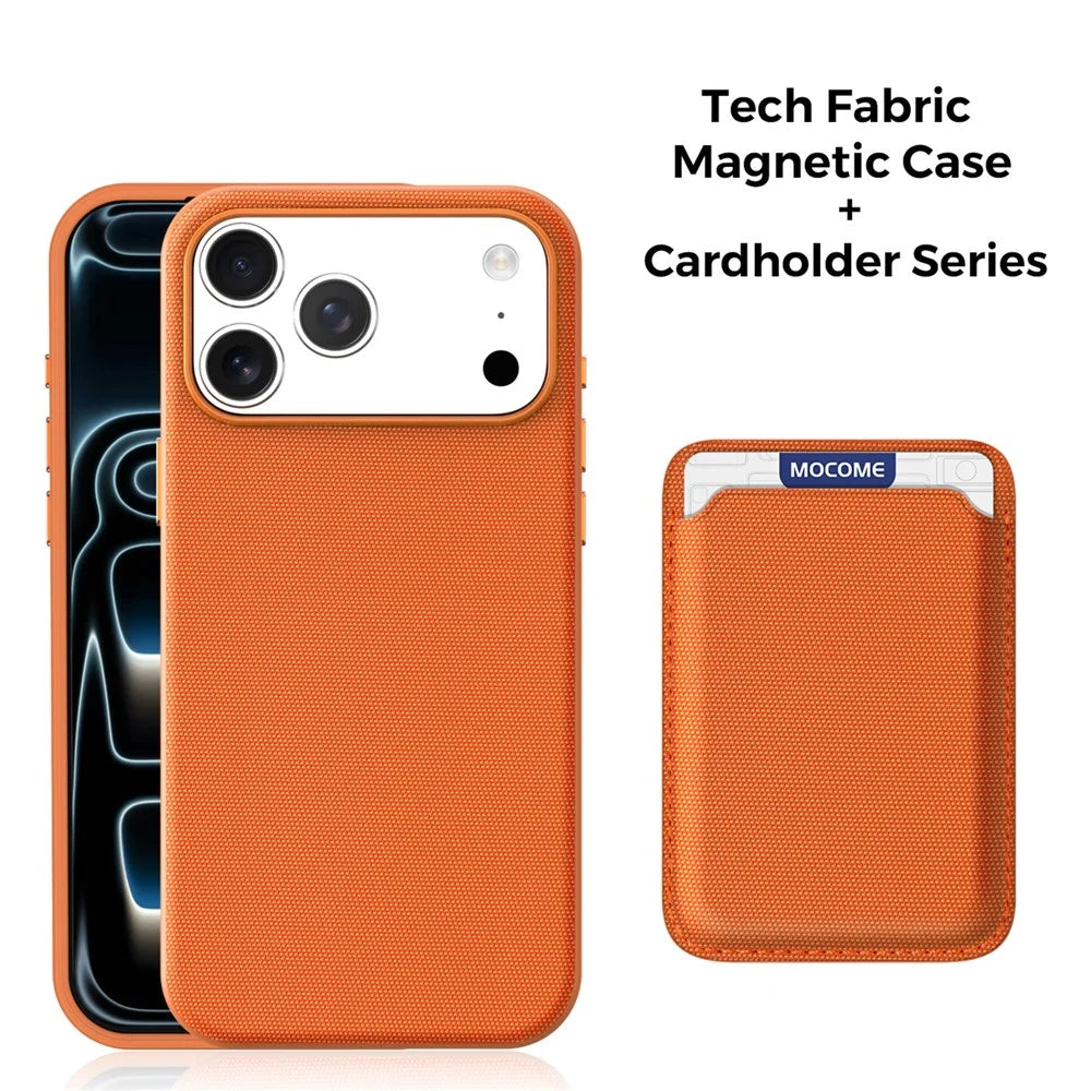 For iPhone 18 Pro Max Magnetic Case Tech Fabric Coated TPU + PC Phone Cover with RFID Blocking Card Holder - Orange - 2
