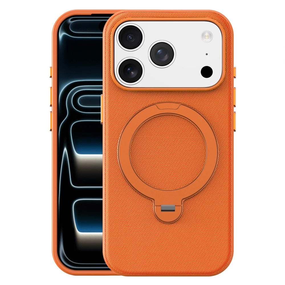 For iPhone 18 Pro Max Case Magnetic Rotating Kickstand Tech Fabric TPU Protective Cover - Orange - 1