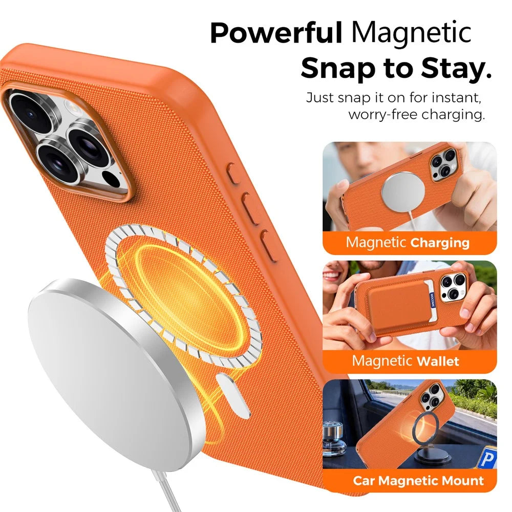 For iPhone 15 Pro Max Magnetic Case Tech Fabric Coated TPU + PC Anti-Drop Phone Cover - Orange - 5