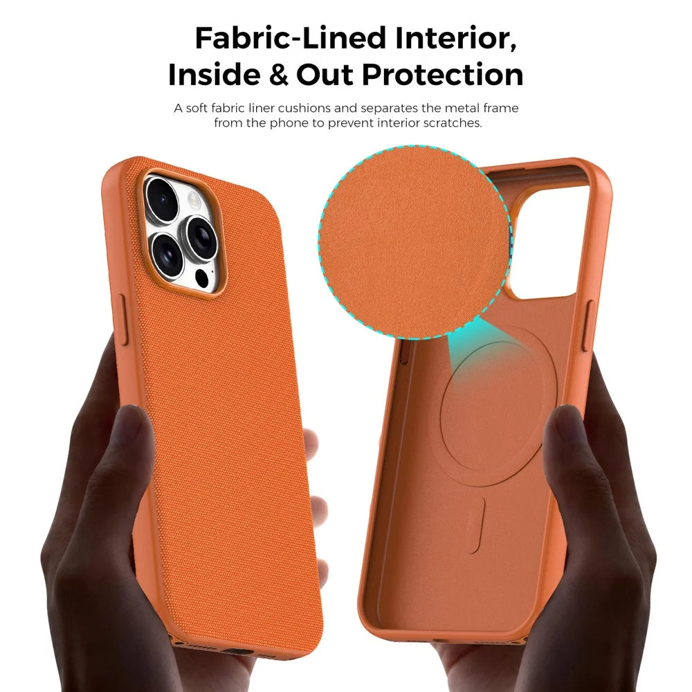 For iPhone 15 Pro Max Magnetic Case Tech Fabric Coated TPU + PC Anti-Drop Phone Cover - Orange - 7