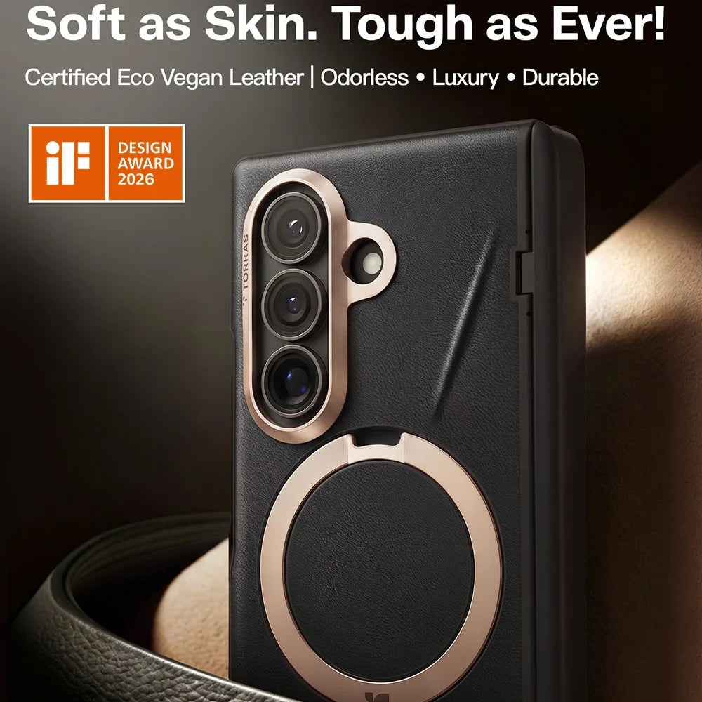 TORRAS Ostand Spin VegSkin Series for Samsung Galaxy Z Fold8 Magnetic Case with 2Pcs Tempered Glass Film Kickstand Phone Cover - Black - 3