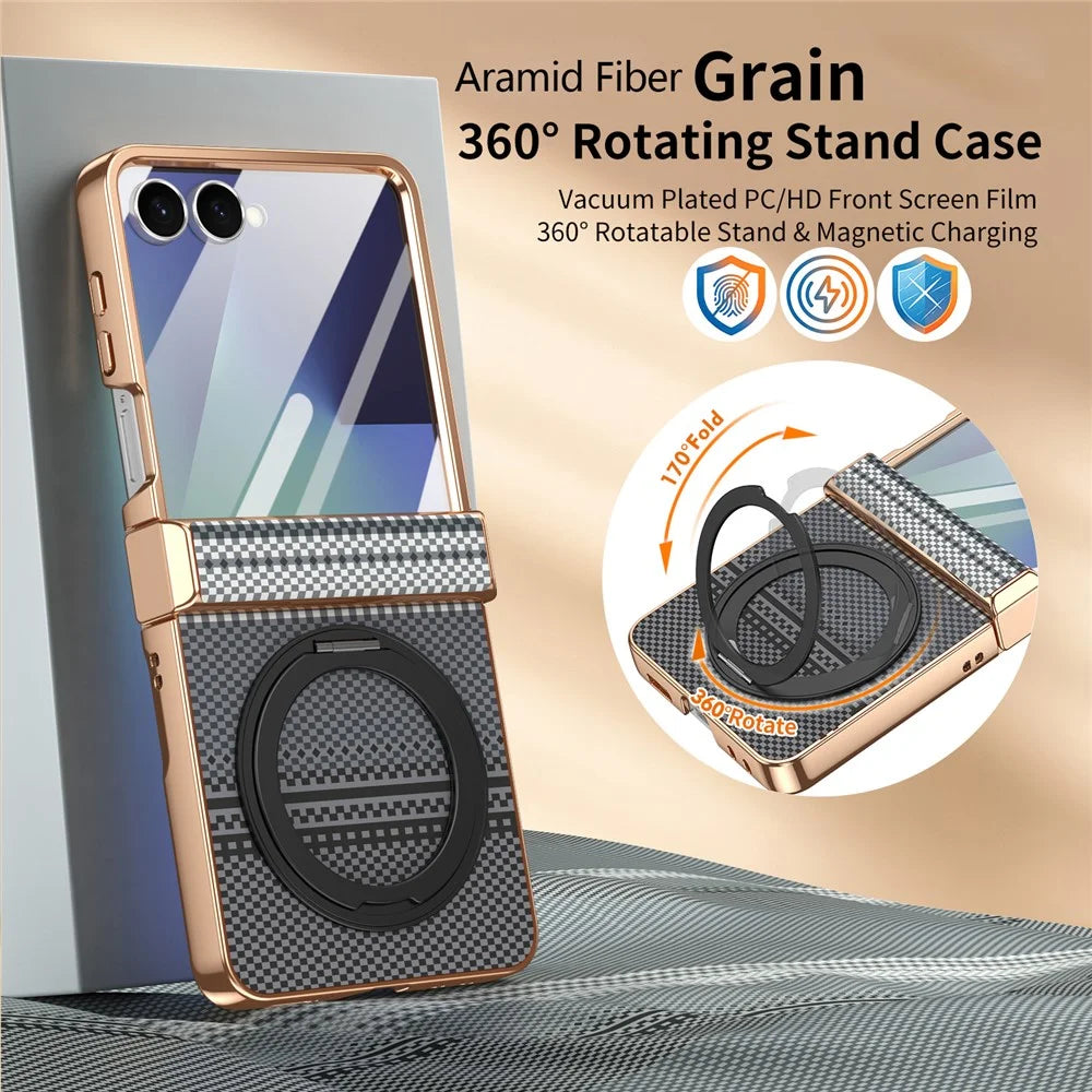 For Samsung Galaxy Z Flip7 5G Case Magnetic Rotating Kickstand Aramid Fiber Texture Leather + PC Phone Cover with HD Screen Protector - Black - 3
