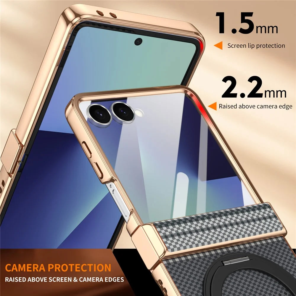 For Samsung Galaxy Z Flip7 5G Case Magnetic Rotating Kickstand Aramid Fiber Texture Leather + PC Phone Cover with HD Screen Protector - Black - 5