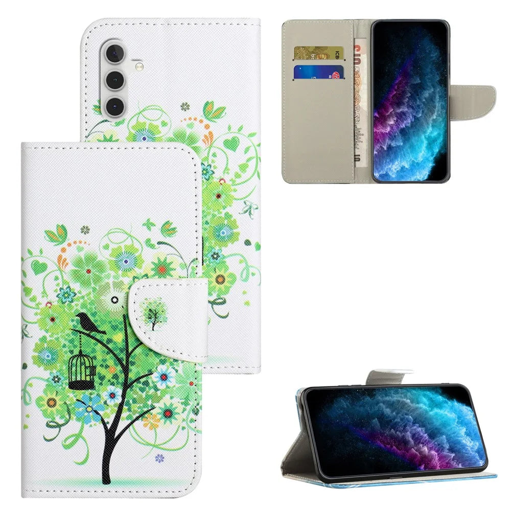 For Samsung Galaxy A34 5G Pattern Printing PU Leather Flip Folio Case Cross Texture Shockproof TPU Inner Shell Wallet Stand Phone Cover - Green Tree - 4