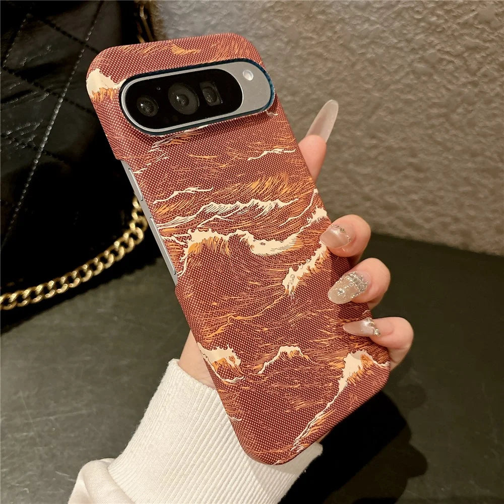 For Google Pixel 11 Pro XL Magnetic Case Water Transfer Printing Wave Pattern Shockproof PC Phone Cover - Orange - 2