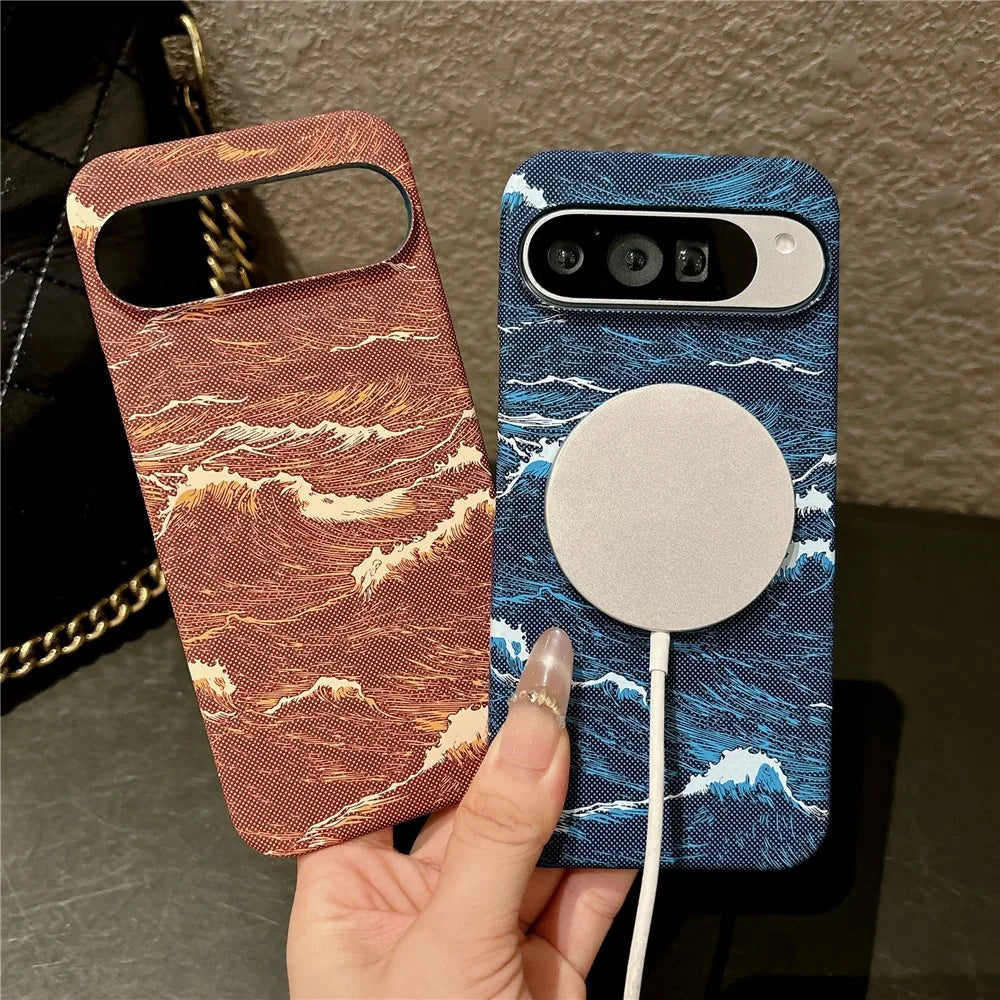 For Google Pixel 11 Pro XL Magnetic Case Water Transfer Printing Wave Pattern Shockproof PC Phone Cover - Orange - 3