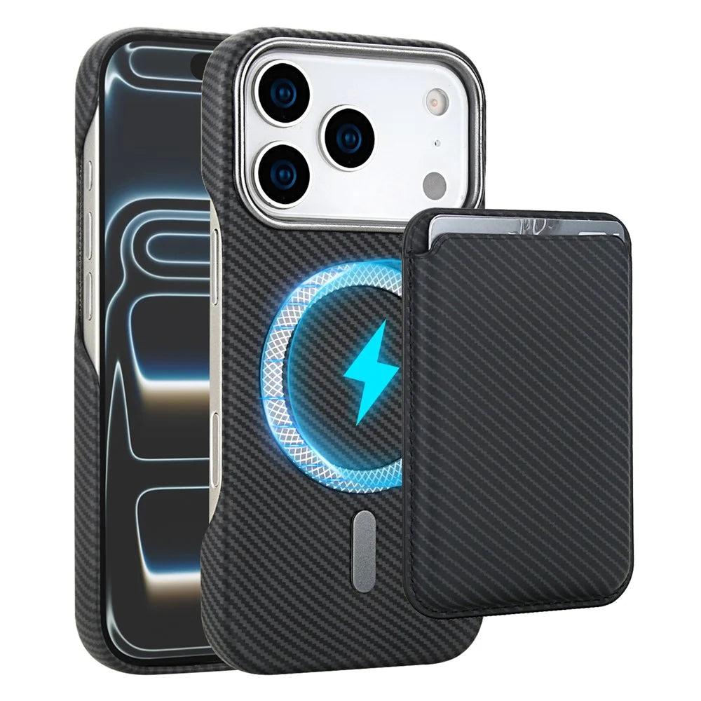 For iPhone 18 Pro Max  /  17 Pro Max Magnetic Case with Detachable Card Holder Carbon Fiber Texture Leather + PC Phone Cover - Black - 1