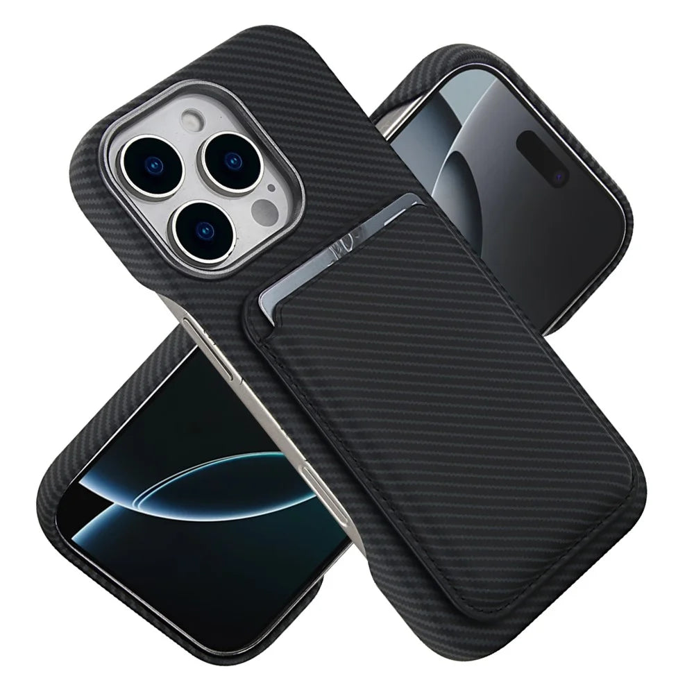 For iPhone 16 Pro Max Magnetic Case with Detachable Card Holder Carbon Fiber Texture Leather + PC Phone Cover - Black - 2