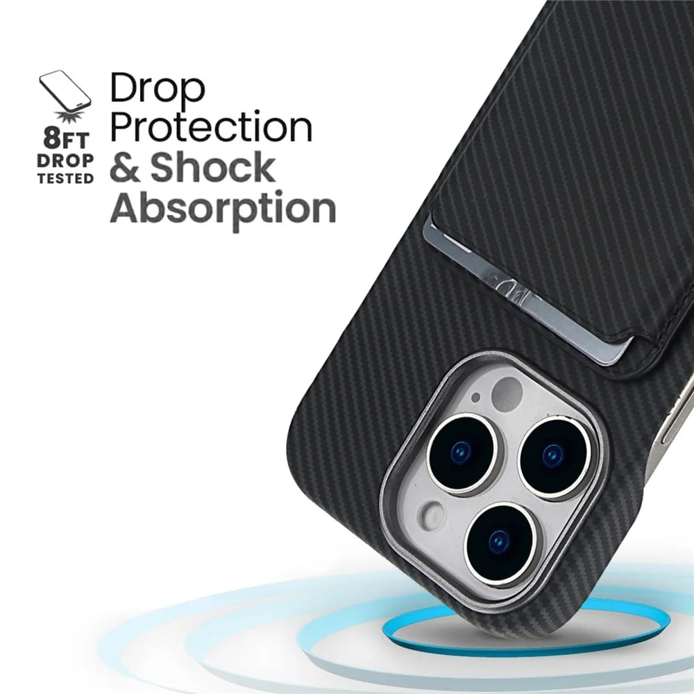 For iPhone 16 Pro Max Magnetic Case with Detachable Card Holder Carbon Fiber Texture Leather + PC Phone Cover - Black - 5
