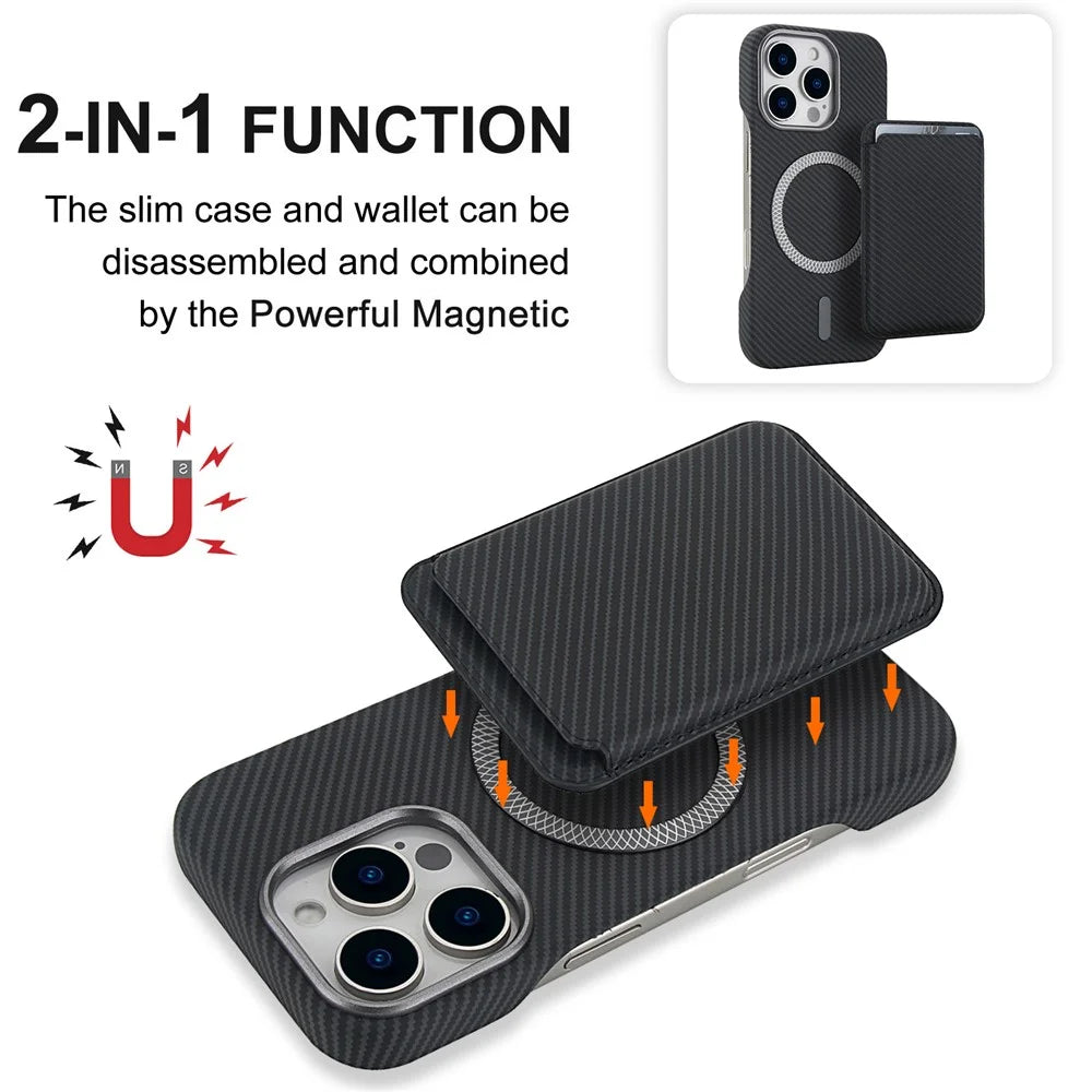 For iPhone 16 Pro Max Magnetic Case with Detachable Card Holder Carbon Fiber Texture Leather + PC Phone Cover - Black - 7