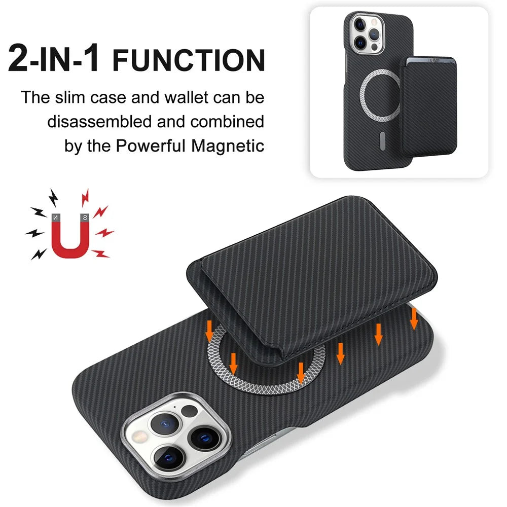 For iPhone 15 Pro Magnetic Case with Detachable Card Holder Carbon Fiber Texture Leather + PC Phone Cover - Black - 6