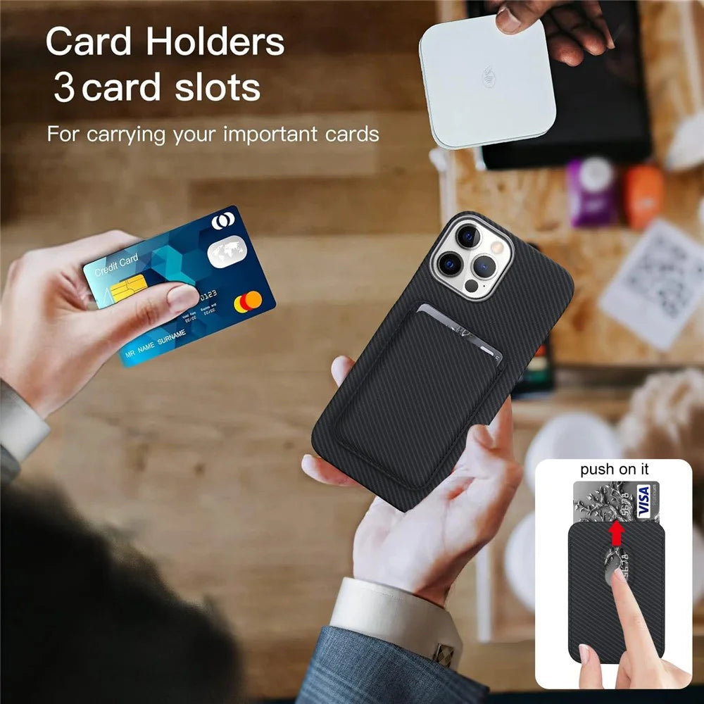 For iPhone 15 Pro Magnetic Case with Detachable Card Holder Carbon Fiber Texture Leather + PC Phone Cover - Black - 7