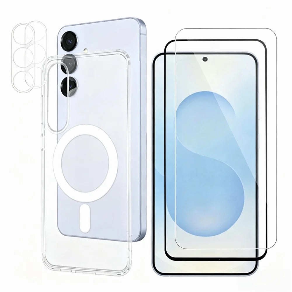 For Samsung Galaxy S26 Magnetic Case PC + TPU Clear Phone Cover + 2Pcs Camera Protector + 1Pc HD Clear Screen Film + 1Pc Silk Print Screen Film - Transparent - 1