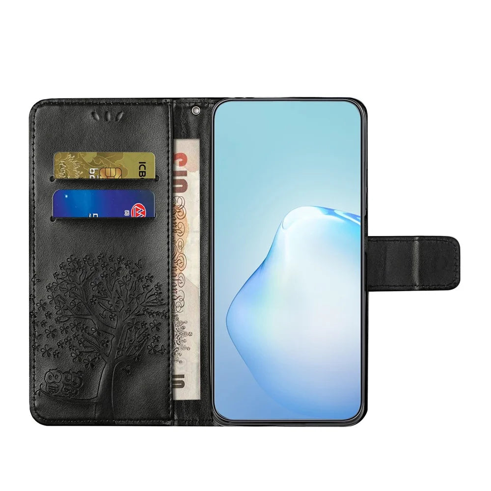 For Samsung Galaxy A04e 4G / F04 4G / M04 4G Imprinted Owl Tree Pattern Anti-scratch PU Leather Wallet Viewing Stand Anti-fingerprint Protective Case - Black - 2