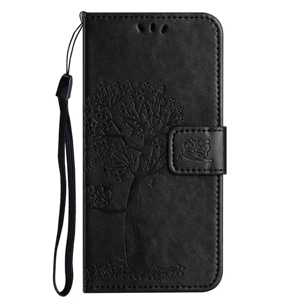 For Samsung Galaxy A04e 4G / F04 4G / M04 4G Imprinted Owl Tree Pattern Anti-scratch PU Leather Wallet Viewing Stand Anti-fingerprint Protective Case - Black - 5