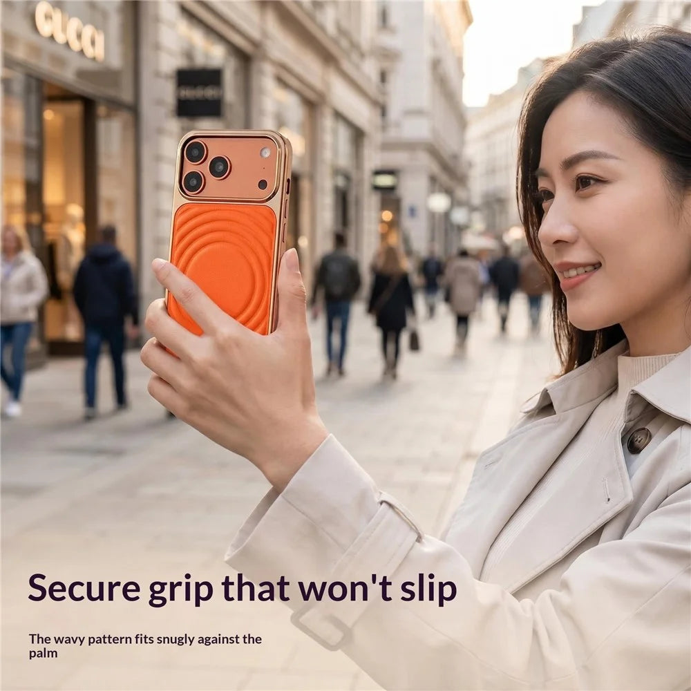 For iPhone 17 Pro Magnetic Case 3D Ripple Texture Leather Coated PC + TPU Electroplated Phone Cover - Orange - 4