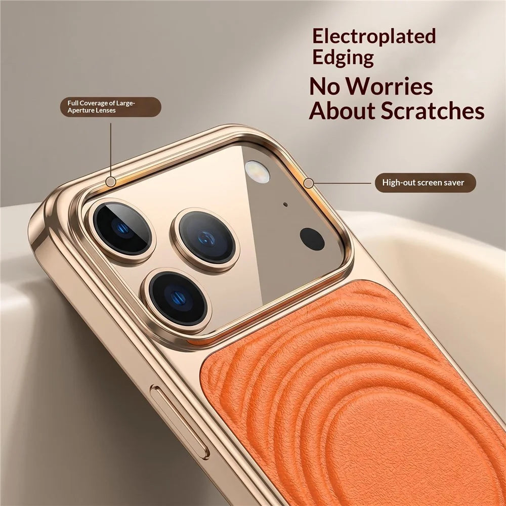 For iPhone 17 Pro Magnetic Case 3D Ripple Texture Leather Coated PC + TPU Electroplated Phone Cover - Orange - 7