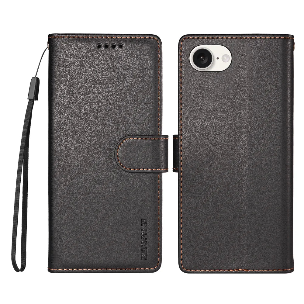 BETOPNICE for iPhone 16e / iPhone 17e 006 Case RFID Blocking Wallet Stand Leather Phone Cover with Wrist Strap - Black - 1