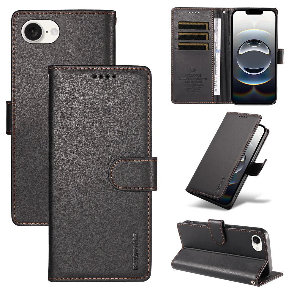 BETOPNICE for iPhone 16e / iPhone 17e 006 Case RFID Blocking Wallet Stand Leather Phone Cover with Wrist Strap - Black - 3