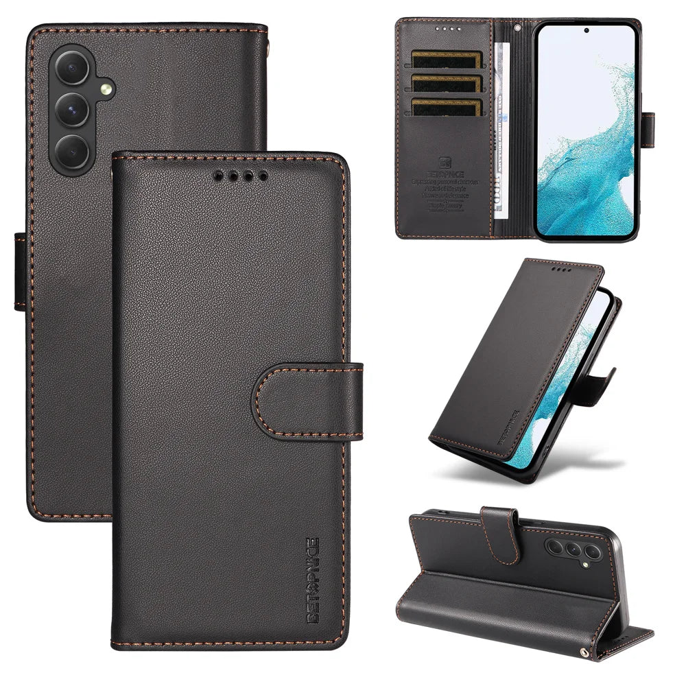 BETOPNICE for Samsung Galaxy A54 5G 006 Case RFID Blocking Wallet Stand Leather Phone Cover with Wrist Strap - Black - 3
